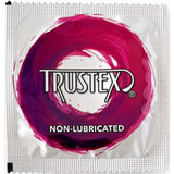 A sealed Trustex Non-Lubricated Condom wrapper with bold pink and purple circular design, labeled "TRUSTEX" and "NON-LUBRICATED." Now at a price reduction; expires 8/26—safe, budget-friendly protection.