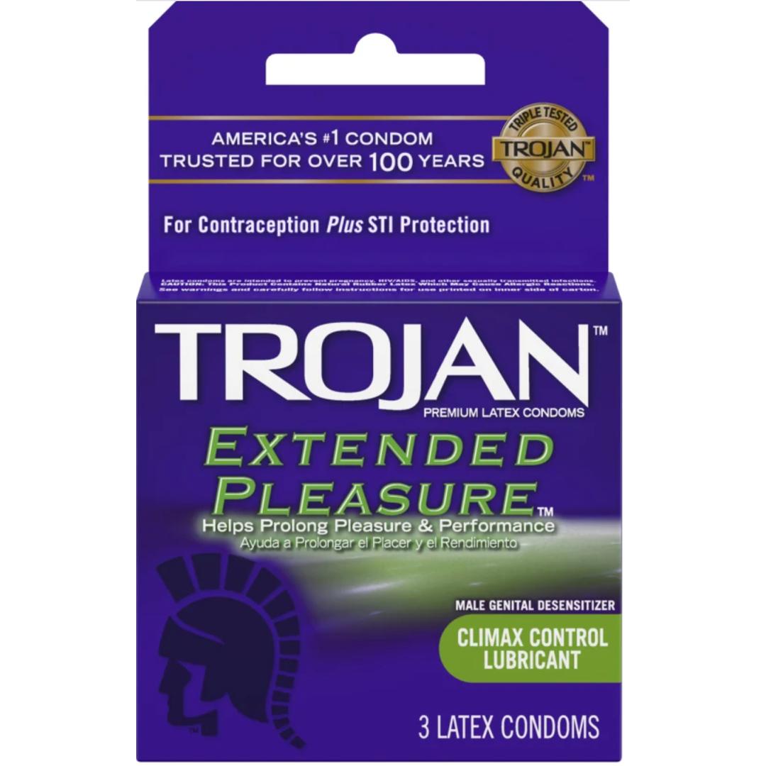 Trojan Extended Pleasure Climax Control Condoms by Trojan come in a purple and green box of 3 premium latex condoms with climax control lubricant for STI protection and longer-lasting pleasure.