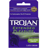 Trojan Extended Pleasure Climax Control Condoms by Trojan come in a purple and green box of 3 premium latex condoms with climax control lubricant for STI protection and longer-lasting pleasure.