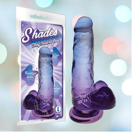 A product image features the Shades 7" Gradient Jelly Dong - Blue and Violet, a purple and blue gradient dildo made from body-safe TPR with a sturdy suction cup, set against its "Shades" packaging. The softly blurred pastel background is enhanced by the tagline "They Fade to Cool. 1080