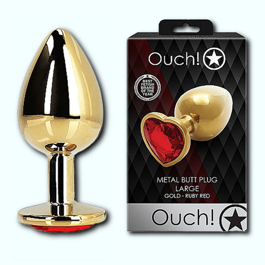 Shots Ouch! Heart Gem Butt Plug Large - Gold/Ruby Red 1080