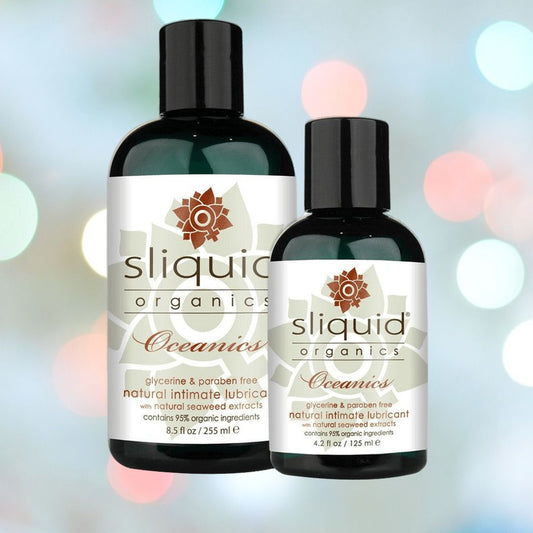 A pair of Sliquid Organics Oceanics, a natural intimate lubricant by Sliquid, includes an 8.5 fl oz (255 ml) and a 4.2 fl oz (125 ml) bottle. Both are water-based lubes enriched with seaweed extracts and are labeled as glycerine and paraben-free for a pure experience. 1080