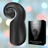 A Black snail-shaped personal massager, equipped with dual motors for synchro-stimulation, is placed next to its box labeled "Snail Vibe Evo Rechargeable Male Masturbator (Black), Snail Vibe," all set against a blurred, colorful backdrop.