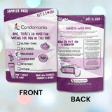 The image shows the Snugger Fitting Condom Sampler by Condomania, featuring front and back views. The front displays various snug fit condoms and lube, while the back offers instructions on proper condom usage with safety reminders, all in a striking purple and white design.