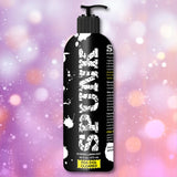 A black pump bottle labeled "SPUNK," contains 16 oz of SPUNK Hybrid Lubricant by Spunk Lube. The backdrop shows pink and purple bokeh with white sparkles and "FDA 510K CLEARED" highlighted in yellow.