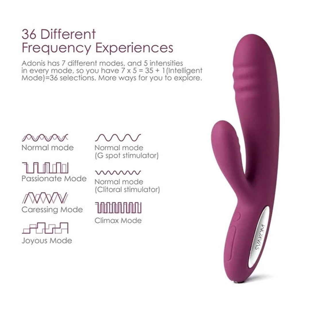 Close-up of the SVAKOM Adonis Ultra Soft Double-Motor G-Spot & Clit Warming Vibrator by Svakom, designed in a captivating purple and made from body-safe silicone. It offers 36 frequency options, including modes such as Normal, Passionate, Caressing, and Climax with varying intensities for highly customizable experiences.