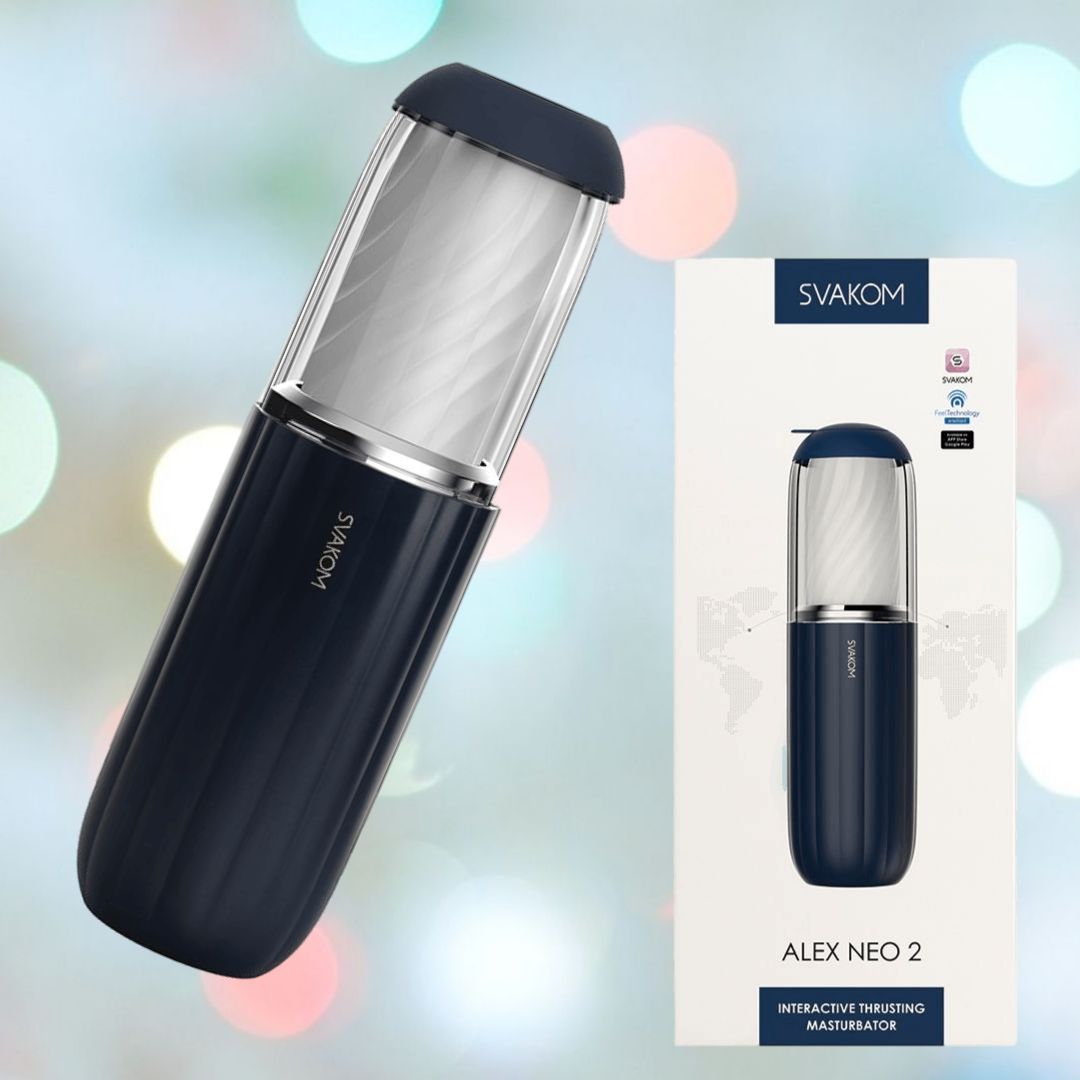 A Svakom Alex Neo 2 Thrusting Male Masturbator in navy blue is showcased, highlighting its advanced technology. The product is set against a soft-focus background with vibrant lights, while the packaging box is nearby, displaying the product image and Svakom branding details.