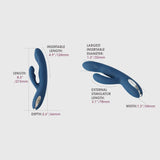 An image displays the Svakom Aylin Rabbit Vibrator in Dark Blue, highlighting its pulsating G-spot tip and detailed dimensions: insertable length 4.9 inches/124 mm, total length 8.5 inches/215 mm, depth 2.6 inches/66 mm, largest insertable diameter 1.3 inches/33 mm, external stimulator length 3.1 inches/78 mm, and width 1.3 inches/34 mm from the brand Svakom.