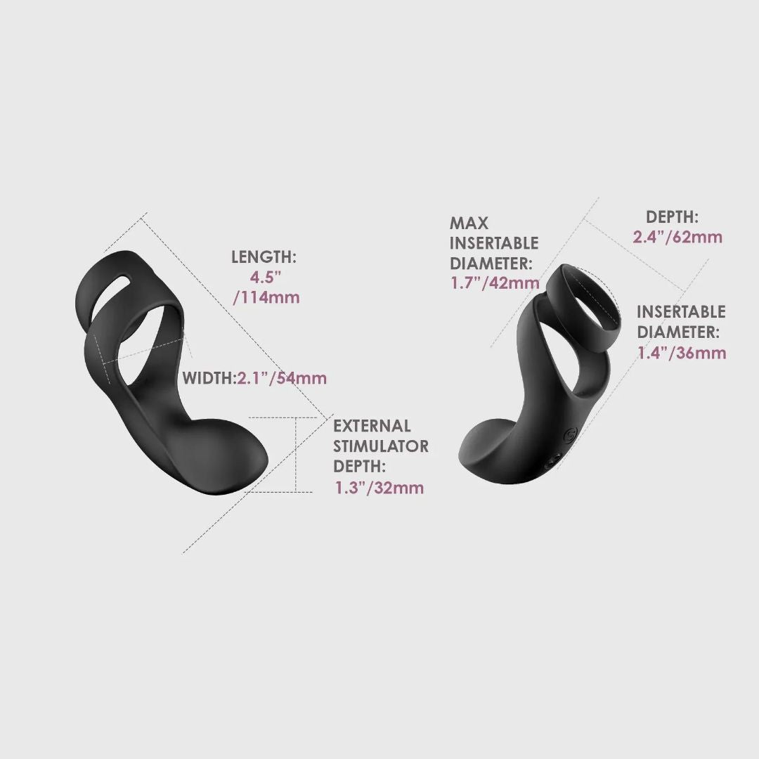 The Svakom Benedict Double Ring Perineum Stimulator – Black features two views highlighting its measurements. The left image shows a length of 4.5"/114mm and a width of 2.1"/54mm, while the right image details a maximum insertable diameter of 1.7"/42mm, a depth of 2.4"/62mm, and an insertable diameter of 1.4"/36mm for intense vibrations.