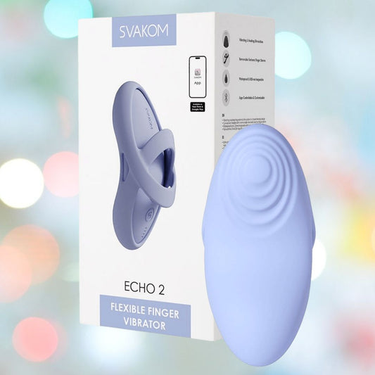 A sky blue, flexible Svakom Echo 2 Finger Vibrator appears beside its packaging, which displays the product image and "Svakom" branding against a vibrant, blurred background. 1080