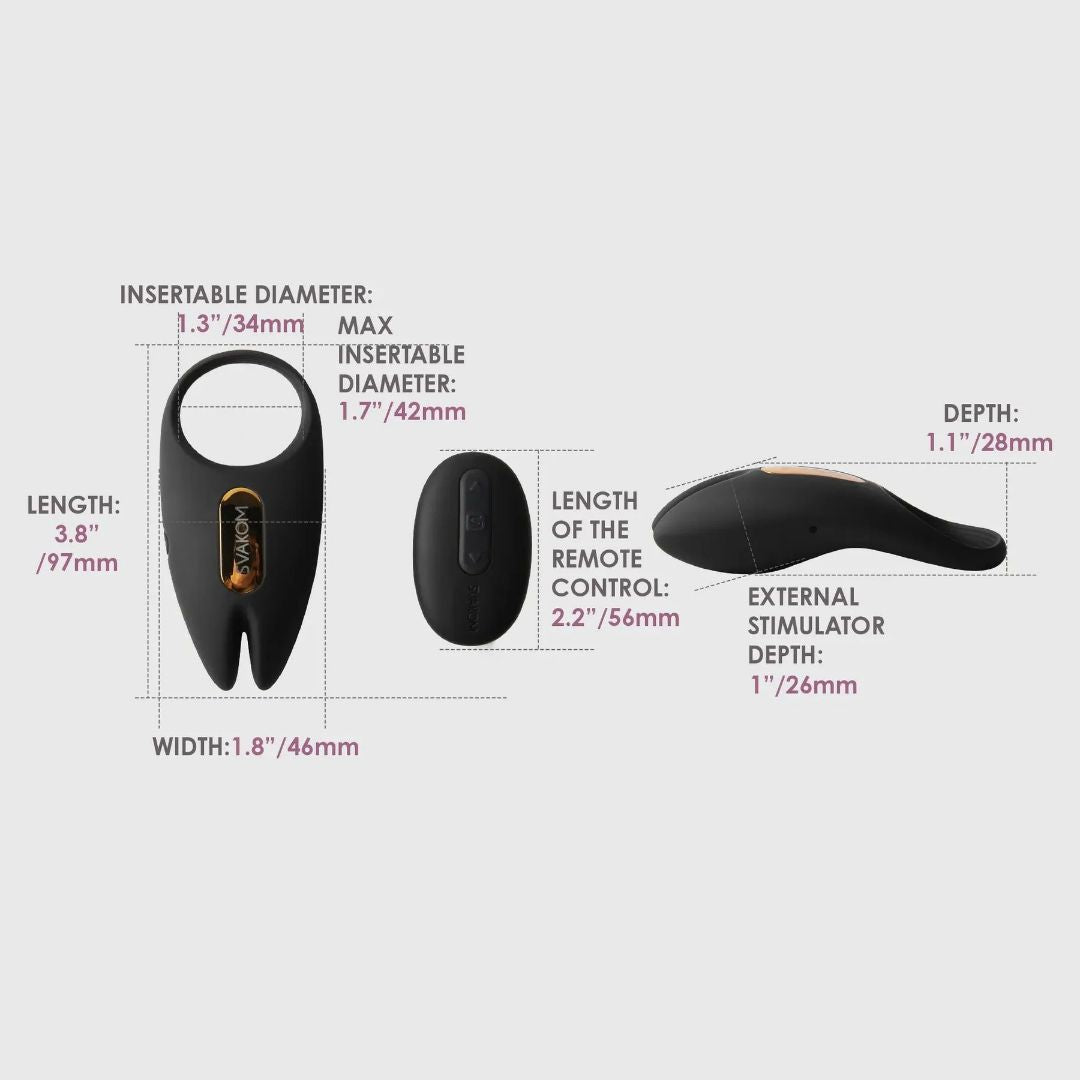 Illustration of the Svakom Winni 2 Penis Ring w/ App Control in black, showcasing its precise dimensions. This versatile couples' toy measures 3.8 inches (96.5 mm) long, 1.8 inches (45.7 mm) wide, and 1.1 inches (27.9 mm) deep with an insertable diameter of 1.3 inches (33 mm). It features app-controlled capabilities and a remote control for added convenience.