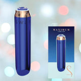 A metallic blue Swan Maximum Rechargeable Bullet by BMS is displayed beside its box, which features the product image and the words “MAXIMUM COMFY CUP” and “swan” on a light background.