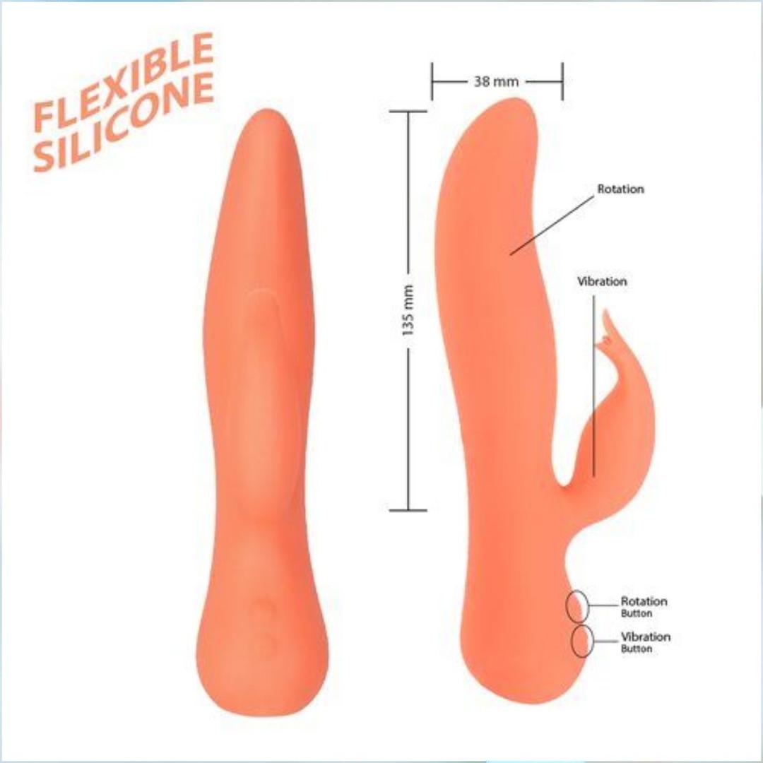 The Swan The Blossom Rabbit Vibrator - Coral by BMS is an orange silicone, dual-action, flexible vibrator with a curved design. Front and side views show its 135 mm length, 38 mm width, and placement of vibration and rotation buttons.