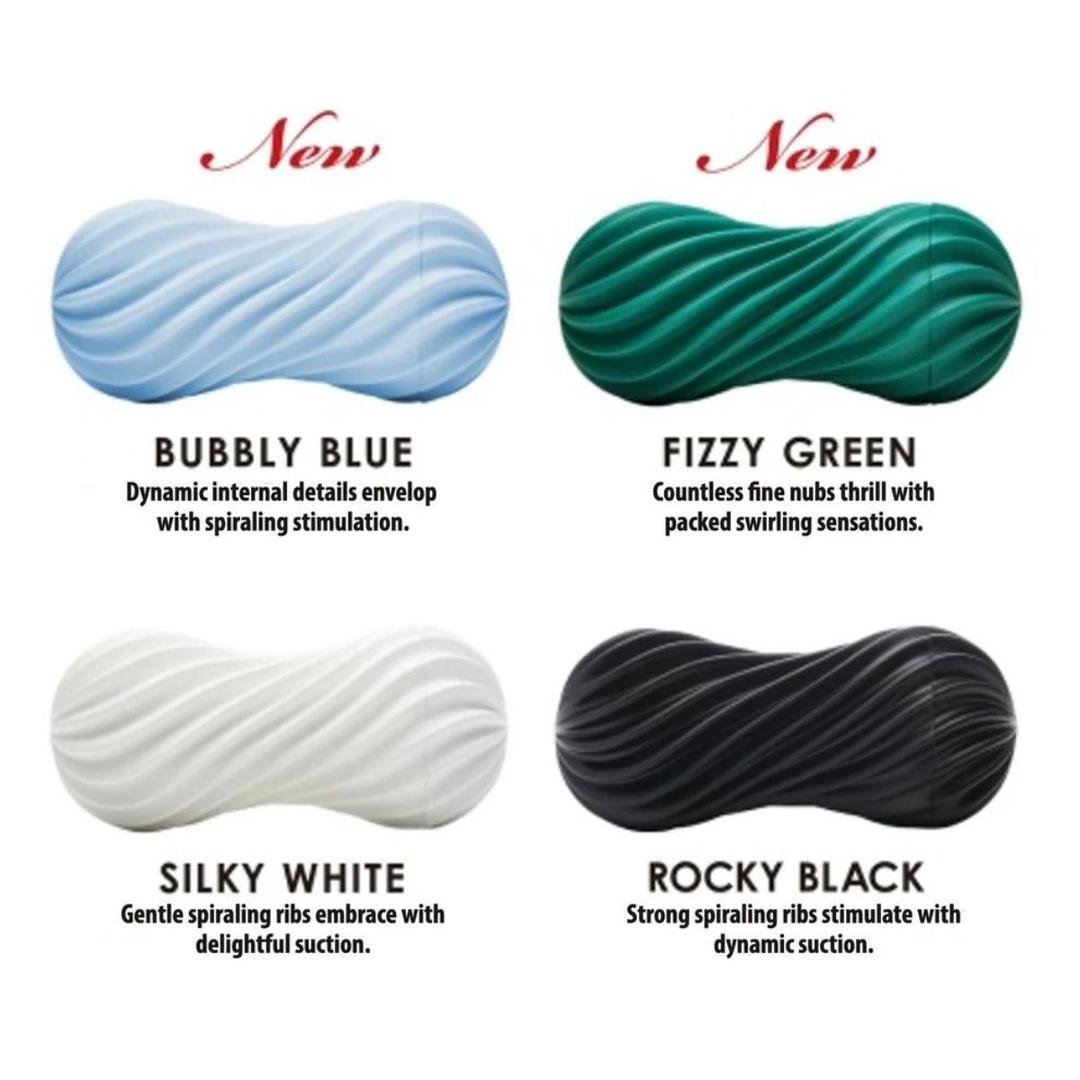 The TENGA Flex Stroker Toy by Tenga is a reusable, textured, oval-shaped sleeve with spiral grooves, available in blue, green, white, and black—each color offering a unique name and distinct sensation.