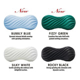 The TENGA Flex Stroker Toy by Tenga is a reusable, textured, oval-shaped sleeve with spiral grooves, available in blue, green, white, and black—each color offering a unique name and distinct sensation.