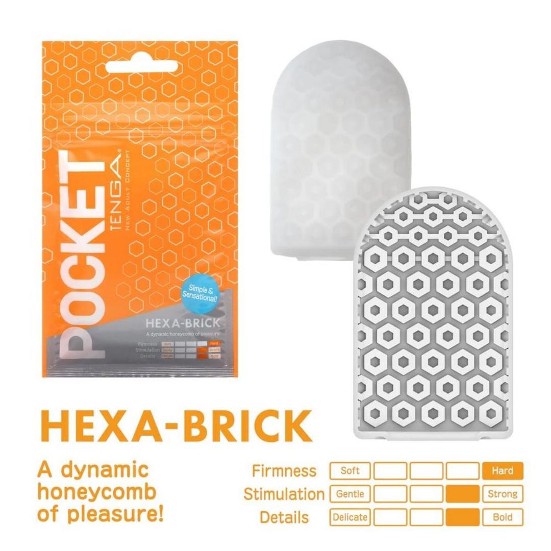 The Tenga Pocket Hexa Brick, a disposable textured male masturbator by Tenga, is pictured in white next to its orange hexagon-patterned packaging. Charts display key product features and levels of firmness and stimulation.