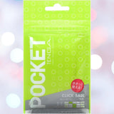 A green-wrapped Tenga Pocket Click Ball Disposable Male Masturbator promises pocket-sized pleasure with its super-stretchy elastomer, while a red Japanese sticker pops against a softly blurred bokeh background.