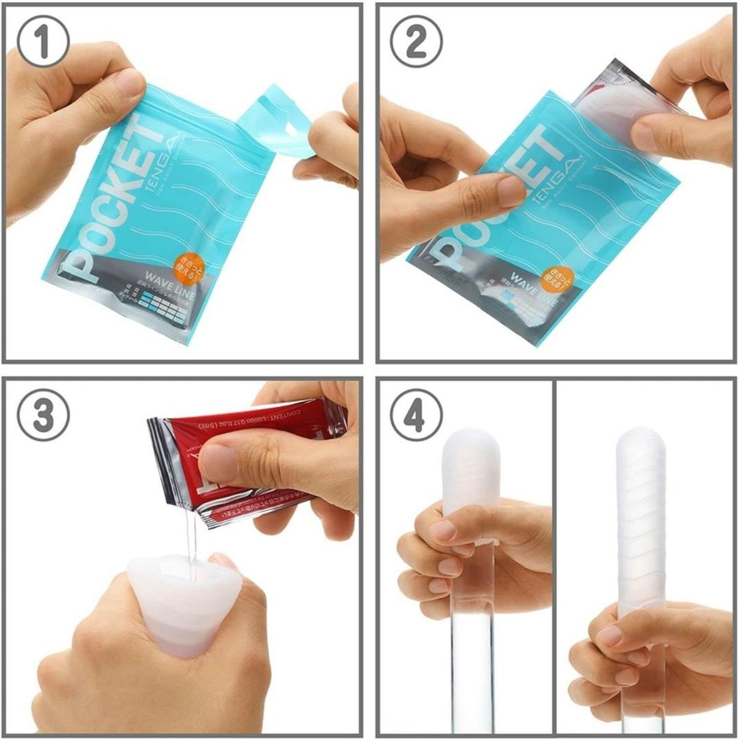 A four-step image: 1) A hand holds a Tenga Pocket Block Edge, a disposable textured male masturbator. 2) The package is opened. 3) Liquid is poured into the white sleeve. 4) The sleeve expands and hydrates.