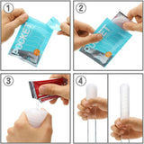 A four-step image: 1) A hand holds a Tenga Pocket Block Edge, a disposable textured male masturbator. 2) The package is opened. 3) Liquid is poured into the white sleeve. 4) The sleeve expands and hydrates.