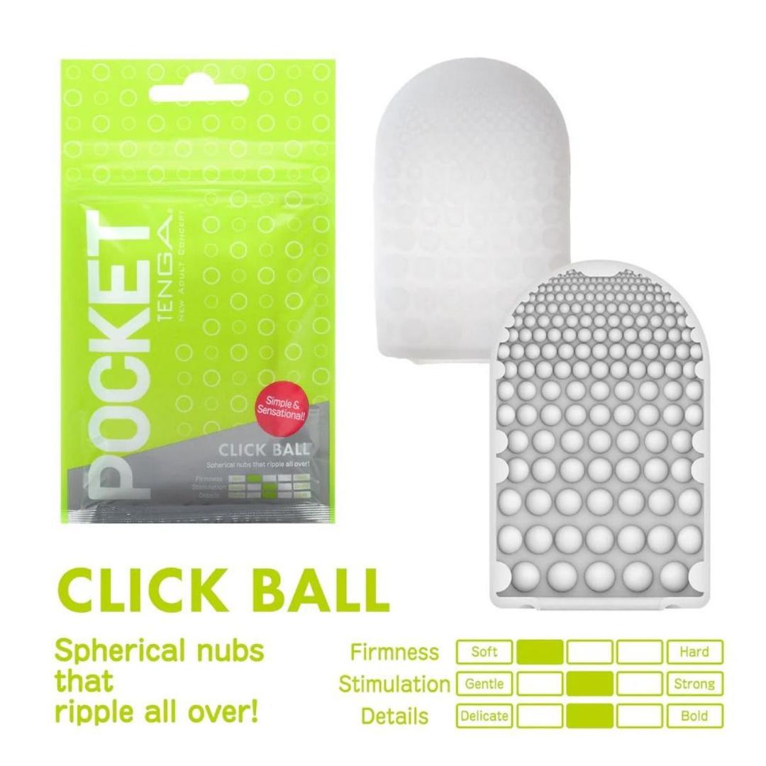 A green and white Tenga package labeled "TENGA Pocket Click Ball: Disposable Textured Male Masturbator" sits beside a white sleeve with raised spherical nubs, offering super-stretchy elastomer for firm, stimulating pleasure.