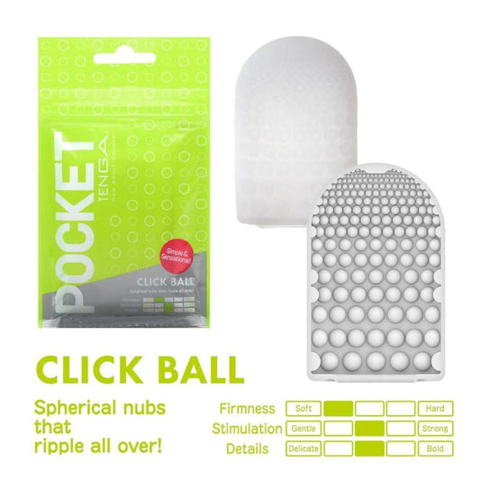 A green and white Tenga package labeled "TENGA Pocket Click Ball: Disposable Textured Male Masturbator" sits beside a white sleeve with raised spherical nubs, offering super-stretchy elastomer for firm, stimulating pleasure. 1080