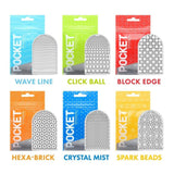 Six Tenga Pocket Block Edge disposable textured male masturbators are shown in packaging, each featuring a unique pattern: Wave Line, Click Ball, Block Edge, Hexa-Brick, Crystal Mist, and Spark Beads—perfect for discreet travel pleasure.