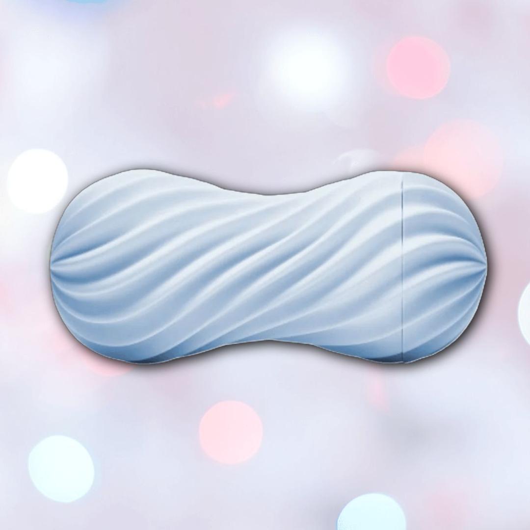 The TENGA Flex Stroker Toy by Tenga, a light blue cylindrical sleeve with a spiral design and wavy texture, is centered against a soft pastel background with blurred circular lights in pink, white, and blue hues.