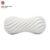 A white, cylindrical TENGA Flex Stroker Toy by Tenga with a twisted spiral design is shown on a plain background. The Red Dot Design Award 2018 winner logo appears in the upper left, highlighting this reusable stroker toy.