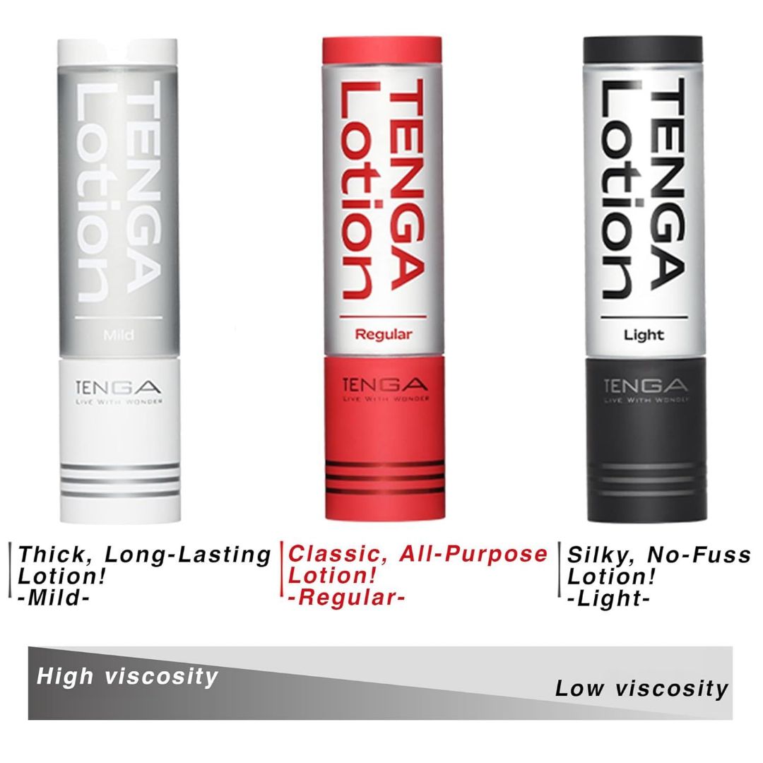 Three vertical TENGA Hole Lotion bottles are shown: "Mild" in white, "Regular" in red, and "Light" in black. Descriptions include: "Thick, Long-Lasting - Mild," "Classic, All-Purpose - Regular," and "Silky, No-Fuss - Light." This water-based lubricant offers a high-to-low viscosity scale for an ideal experience.