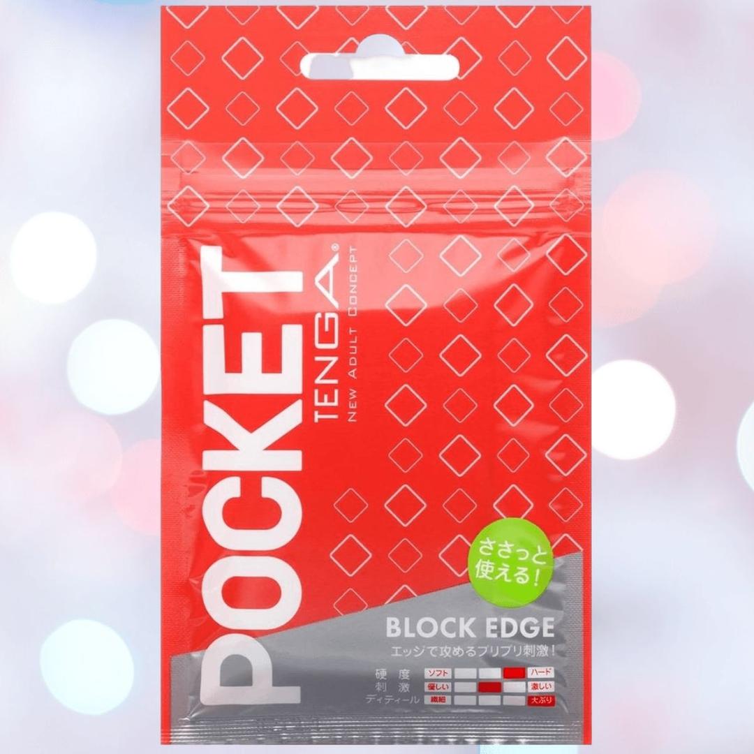 A red and white resealable pouch labeled "Tenga Pocket Block Edge," with diamond patterns and Japanese text, contains a disposable textured male masturbator by Tenga—ideal as a discreet travel sex toy, shown against softly lit background.