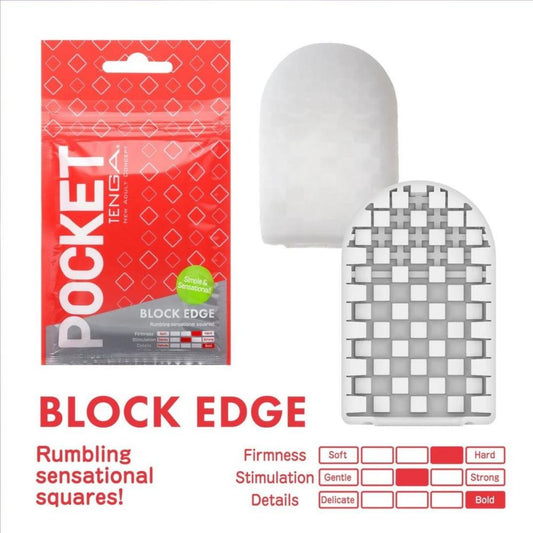 Image of the Tenga Pocket Block Edge by Tenga, a discreet disposable male masturbator ideal for travel. Shows packaging, textured sleeve, firmness/stimulation chart, and red, gray, white colors. Text: “Rumbling sensational squares!” Highlights block edge texture. 1080