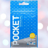 A blue TENGA POCKET Crystal Mist packet features white geometric designs and text. A yellow circle with Japanese lettering and "CRYSTAL MIST" spotlights this disposable micro-nub stroker by Tenga, promising cool, refreshing sensations.