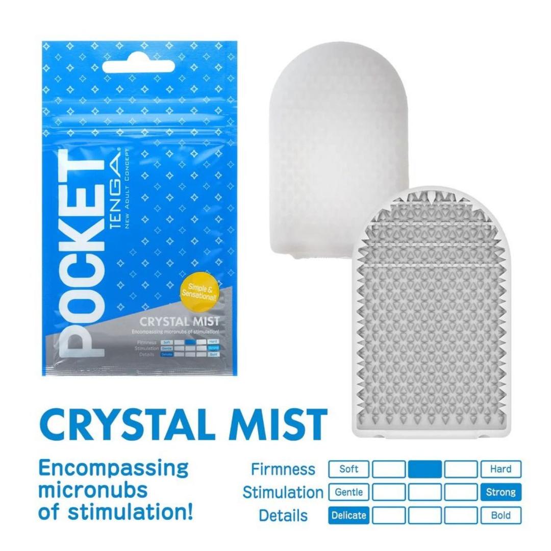 A blue and white Tenga POCKET Crystal Mist package lies next to the clear disposable micro-nub stroker by Tenga. Text spotlights "Encompassing micronubs of stimulation!" with charts for firmness, heightened stimulation, and cooling effects.