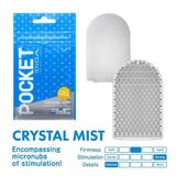 A blue and white Tenga POCKET Crystal Mist package lies next to the clear disposable micro-nub stroker by Tenga. Text spotlights "Encompassing micronubs of stimulation!" with charts for firmness, heightened stimulation, and cooling effects.