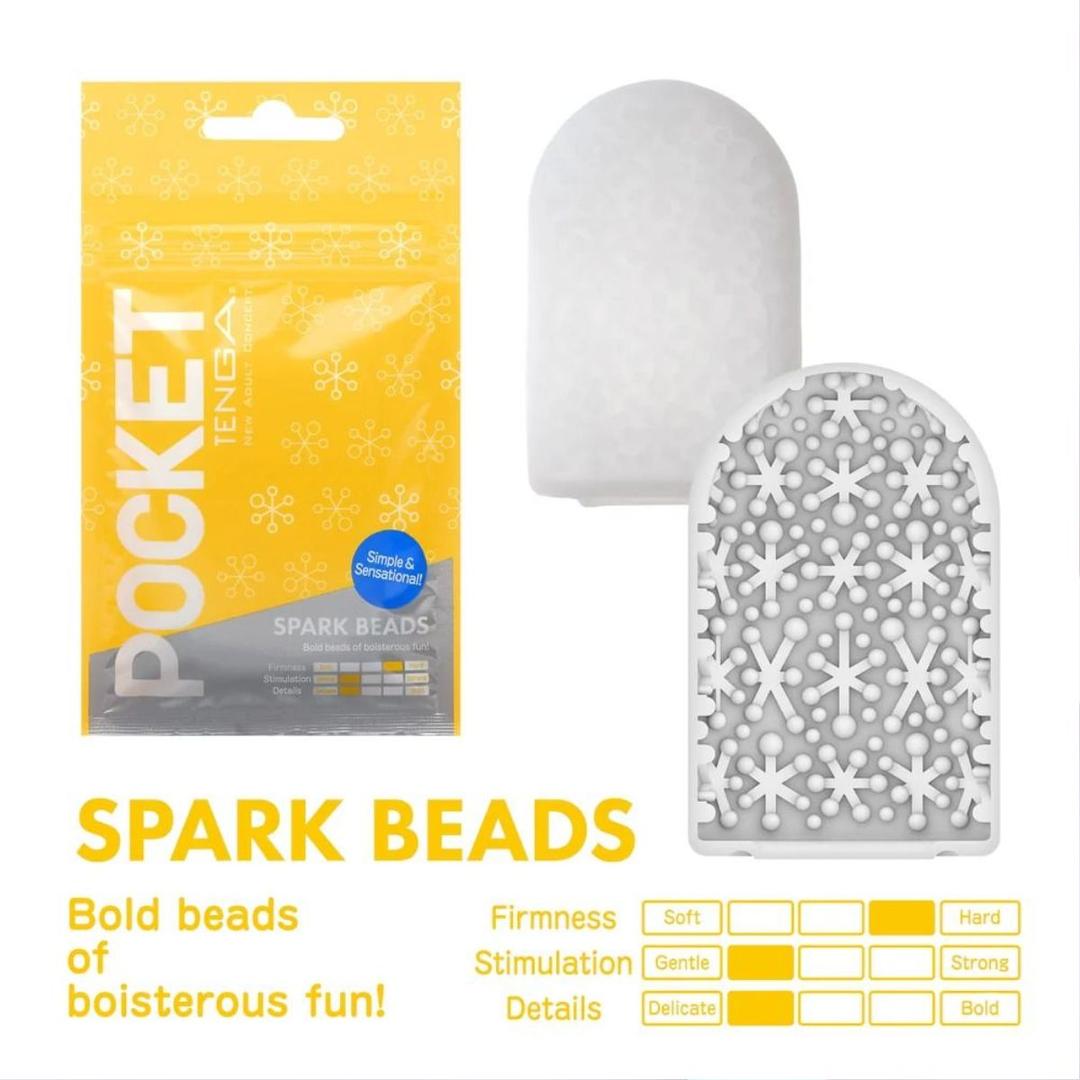 A yellow Tenga Pocket Spark Beads package sits beside the smooth, white disposable male masturbation sleeve from Tenga. Charts rate it as soft, gently stimulating, and delicate, with bold Spark Beads for extra sensation.