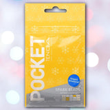 A yellow, resealable pouch labeled "Tenga Pocket Spark Beads" from Tenga, featuring white geometric designs and a blue "Simple & Sensational!" sticker. This disposable, smooth male masturbation sleeve displays a rating chart at the bottom.