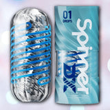 The Tenga Spinner DX 01 Drops is a clear, textured cylindrical reusable stroker with a blue spiral inside for spinning sensations, shown next to its blue and white Tenga packaging labeled "Spinner Motion Pleasure Gear.
