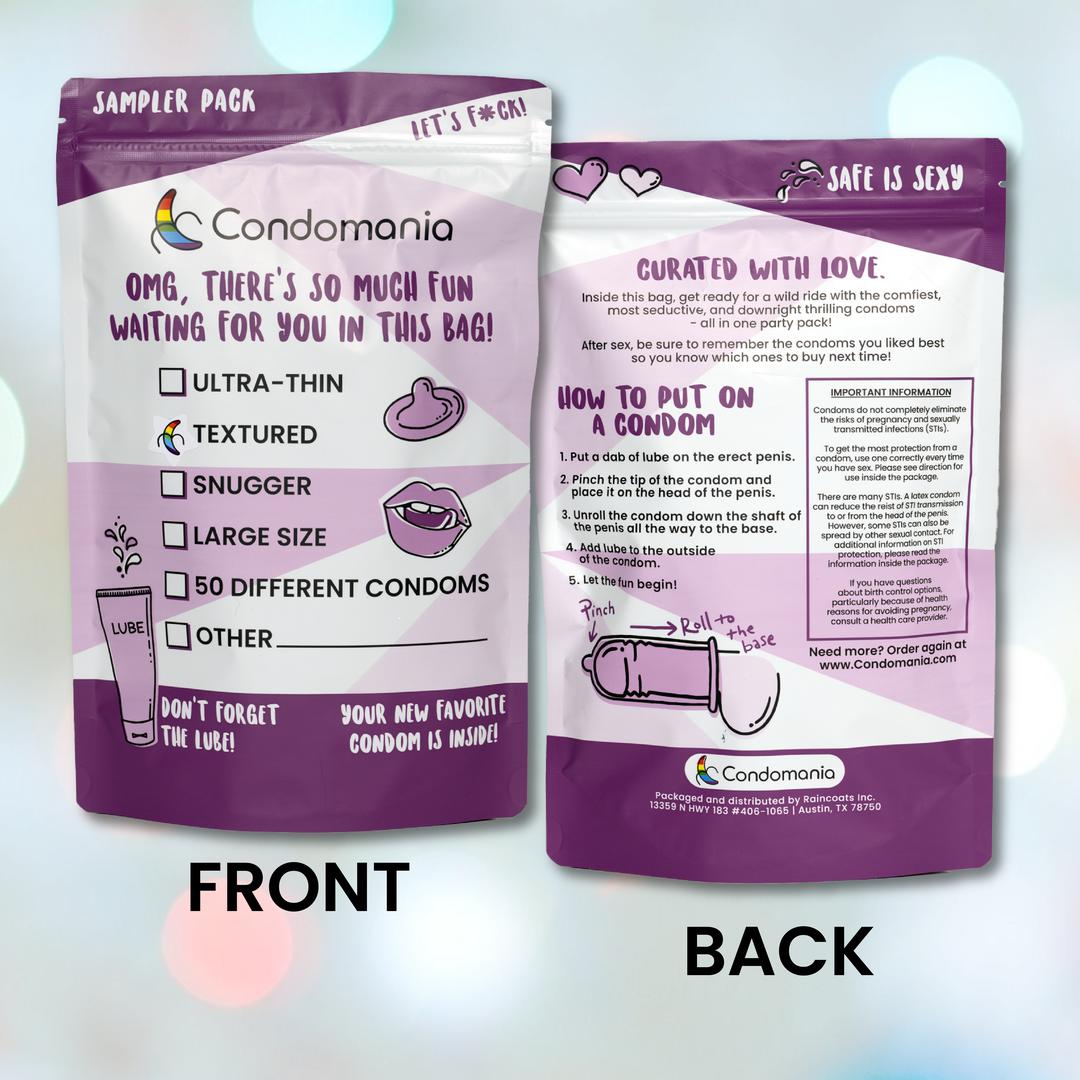 Discover the Condomania Textured Condom Sampler, featuring front and back views. The front highlights its 50-condom selection of ultra-thin, textured options like ribbed and studded, snugger fits, and large sizes. The back includes "How to put on a condom" instructions and curation notes. It has a purple and white design.