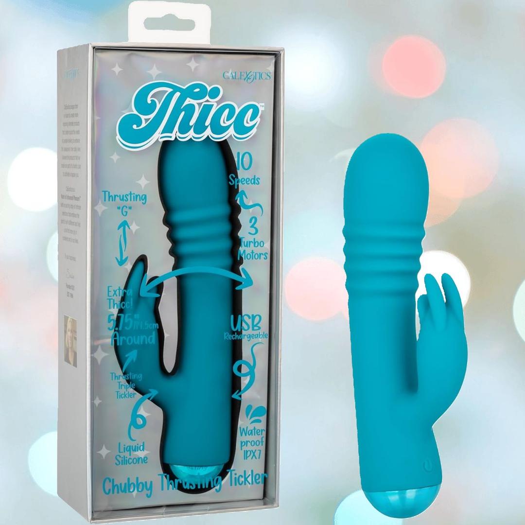 The CalExotics Thicc Chubby Thrusting Tickler, a blue silicone vibrator with a rabbit-shaped clitoral stimulator, is shown beside its packaging highlighting 10 speeds, waterproof design, USB charging, and turbo motors.