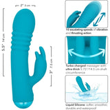 The CalExotics Thicc Chubby Thrusting Tickler is a blue silicone vibrator with a 5.5" (14 cm) shaft and 3" (7.5 cm) external stimulator, featuring 10 vibration speeds, a thick ribbed design, and waterproof construction.