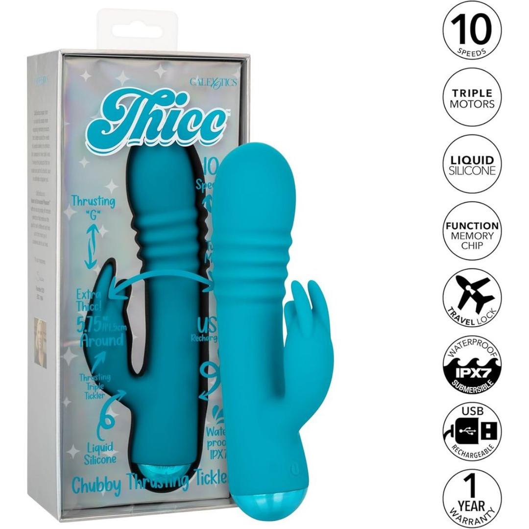 The Thicc Chubby Thrusting Tickler by CalExotics is a blue silicone dual-motor vibrator in its packaging. The box highlights 10 speeds, USB charging, waterproof design, thrusting action, and a 1-year warranty.