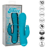 The Thicc Chubby Thrusting Tickler by CalExotics is a blue silicone dual-motor vibrator in its packaging. The box highlights 10 speeds, USB charging, waterproof design, thrusting action, and a 1-year warranty.
