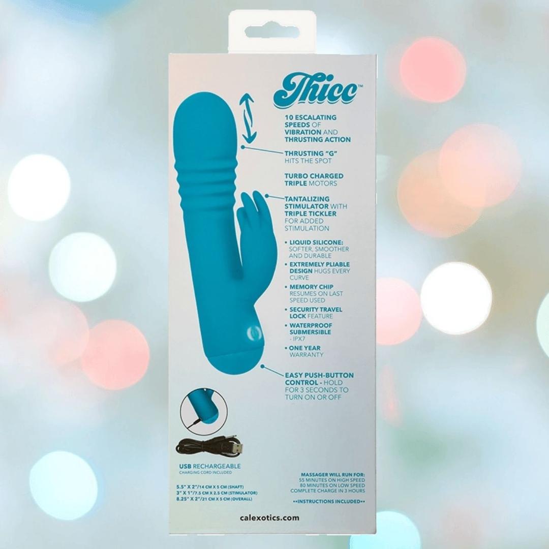 The image shows the packaging of the Thicc Chubby Thrusting Tickler by CalExotics. The box highlights features such as thrusting and vibration, USB rechargeability, and easy push-button control.