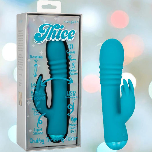 The CalExotics Thicc Chubby Thrusting Tickler, a blue silicone vibrator with a rabbit-shaped clitoral stimulator, is shown beside its packaging highlighting 10 speeds, waterproof design, USB charging, and turbo motors. 1080