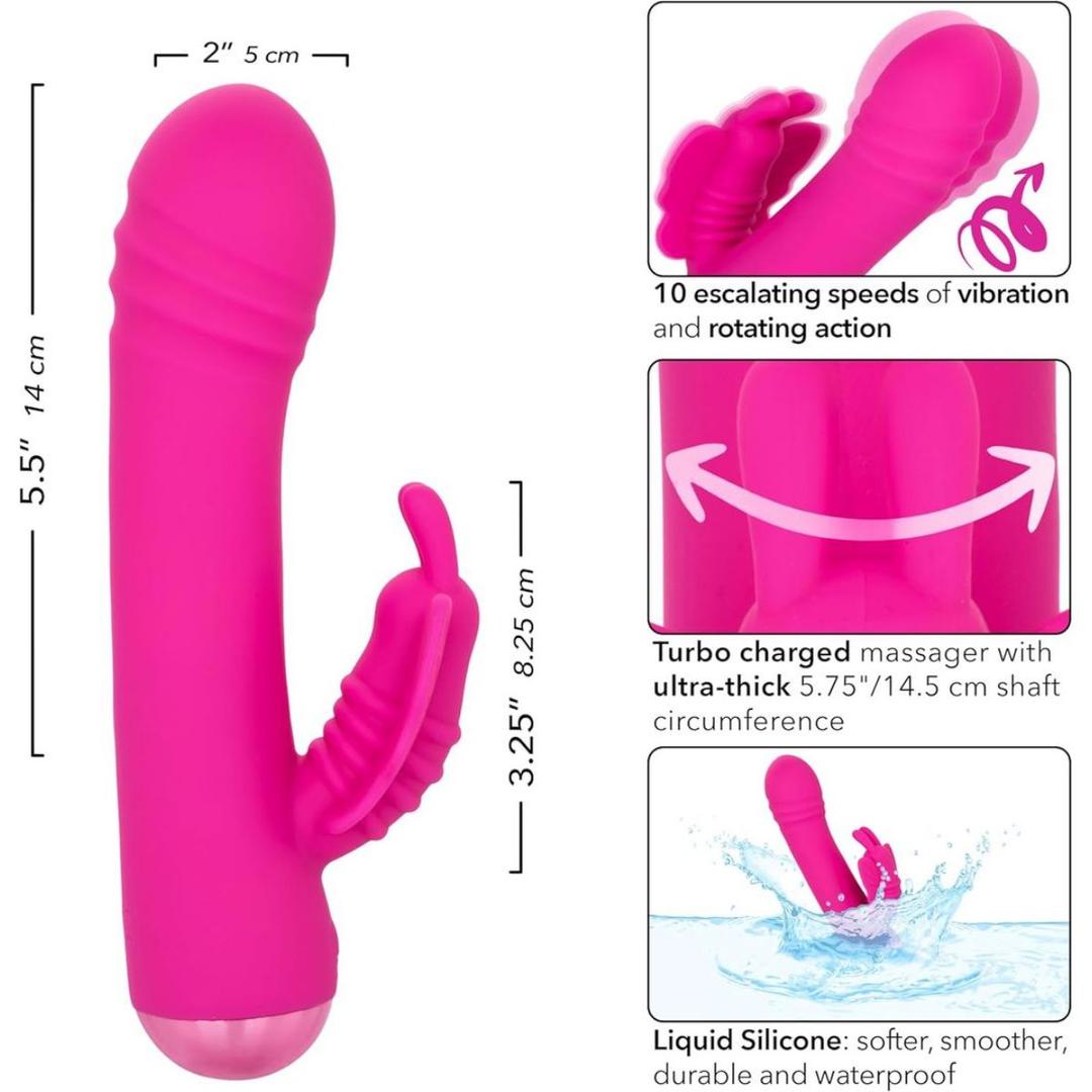 The CalExotics Thicc Chubby Rotating Butterfly, shown upright and underwater, features labeled measurements. Insets display its rotating action, multiple vibration speeds, soft silicone material, and textured shaft.
