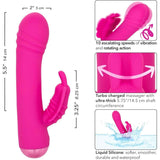 The CalExotics Thicc Chubby Rotating Butterfly, shown upright and underwater, features labeled measurements. Insets display its rotating action, multiple vibration speeds, soft silicone material, and textured shaft.