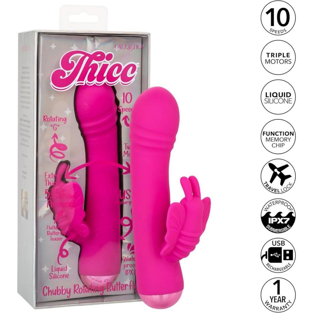 The Thicc Chubby Rotating Butterfly by CalExotics, a pink silicone vibrator with a butterfly-shaped stimulator, is shown beside its box. Icons highlight 10 speeds, triple motors, waterproof build, USB charging, and a 1-year warranty.