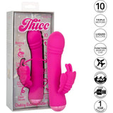 The Thicc Chubby Rotating Butterfly by CalExotics, a pink silicone vibrator with a butterfly-shaped stimulator, is shown beside its box. Icons highlight 10 speeds, triple motors, waterproof build, USB charging, and a 1-year warranty.
