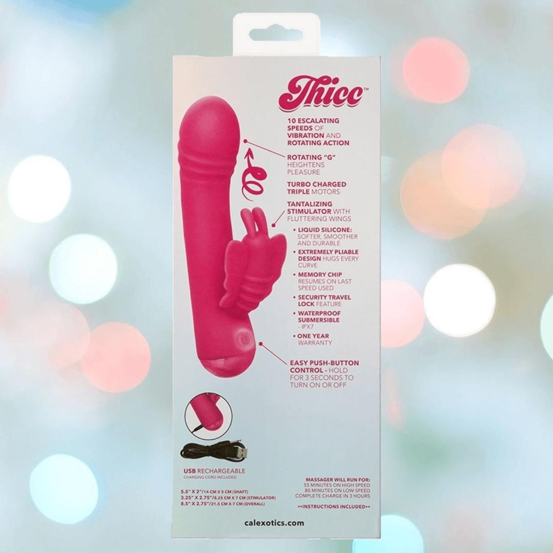 Box for CalExotics "Thicc Chubby Rotating Butterfly" vibrator showing product features: 10 vibration/rotation functions, USB rechargeable, waterproof design, and butterfly-shaped stimulator. Blurred lights in the background.