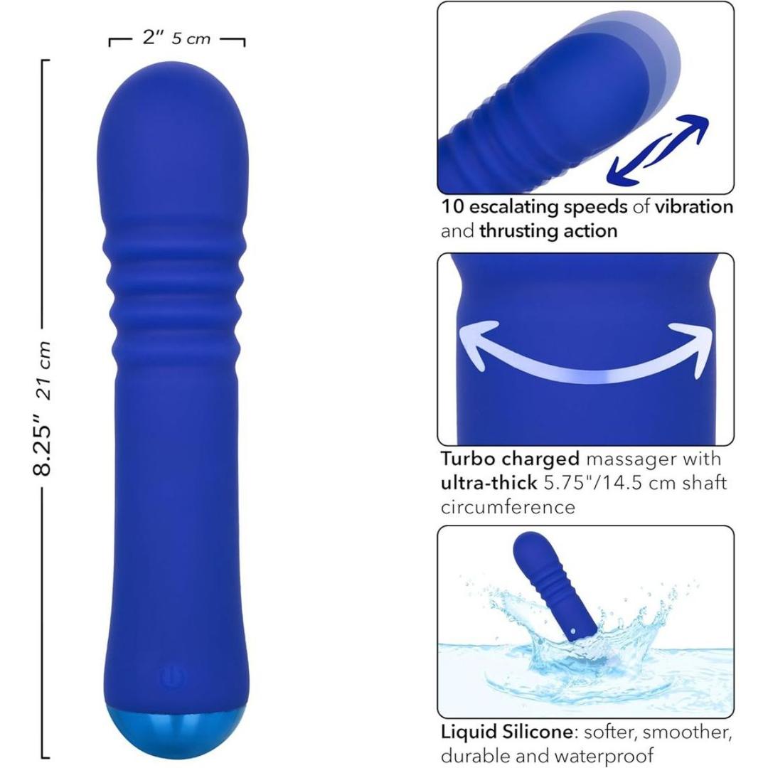 The CalExotics Thicc Chubby Thrusting Wand is a blue silicone vibrator with a ribbed, ultra-thick 8.25 in (21 cm) shaft, featuring multiple vibration and thrusting speeds plus a waterproof design. Diagrams highlight key features and splash effects.
